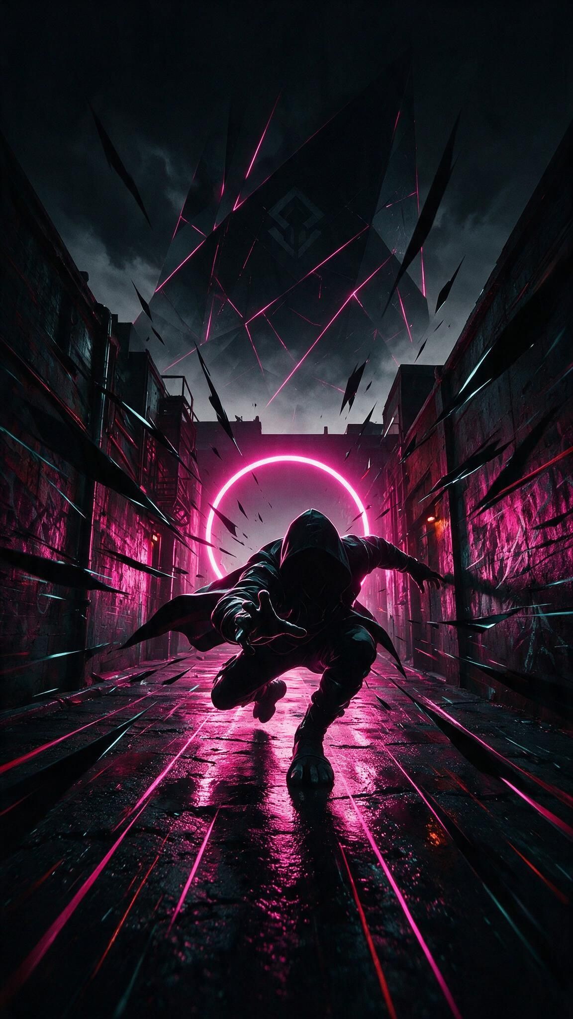 A hooded figure in stealth gear lunges down a rain-soaked neon alley, reaching toward the viewer as magenta light from a circular portal and floating fractal shards slash through the darkness, creating a high-stakes, cinematic cyberpunk mood.