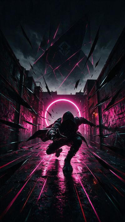 A hooded figure in stealth gear lunges down a rain-soaked neon alley, reaching toward the viewer as magenta light from a circular portal and floating fractal shards slash through the darkness, creating a high-stakes, cinematic cyberpunk mood.