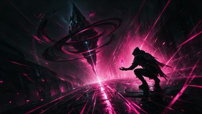A hooded hacker crouches on a neon-etched arena floor, levitating a magenta crystal toward a colossal, ring-encircled black pyramid suspended in darkness, filling the cyberpunk chamber with vivid pink energy beams and an ominous, ritualistic tension.