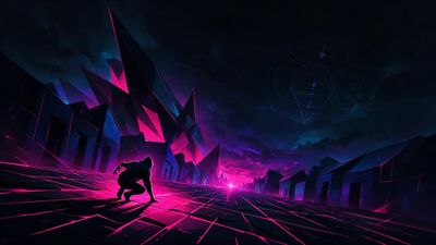 A hooded figure crouches low on a glowing magenta grid street in a futuristic neon city, jagged crystal-like buildings rising around him beneath a dark, star-streaked sky. The vivid pinks and deep blues cast dramatic shadows, creating a tense cyberpunk mood of stealth and impending action.