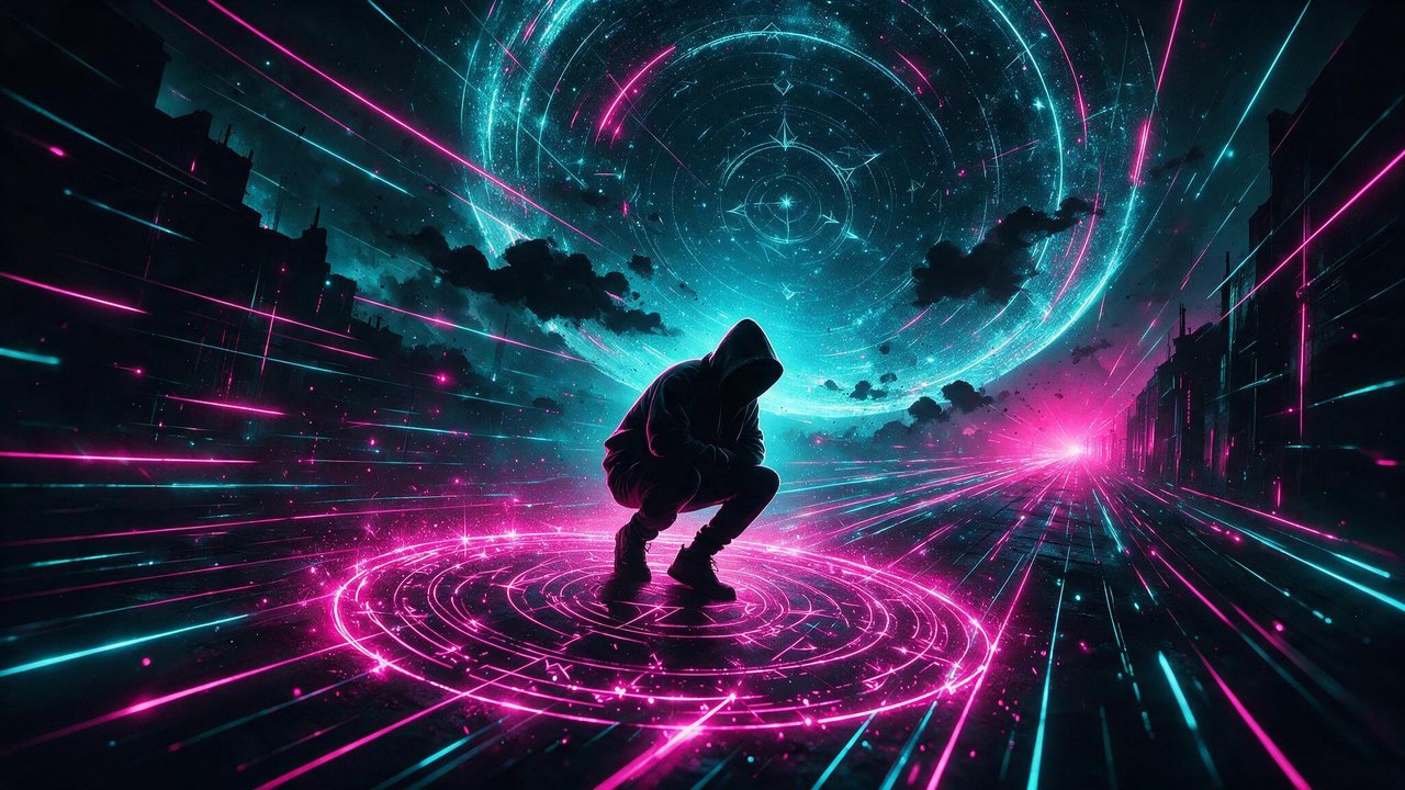 A hooded figure crouches inside a glowing magenta summoning circle amid a dark cyberpunk city, while teal and pink light streaks spiral into a vast cosmic vortex overhead, evoking a mysterious, high-energy hacker ritual. The electric colors and swirling motion create an intense, futuristic mood reminiscent of HDR sci-fi art.