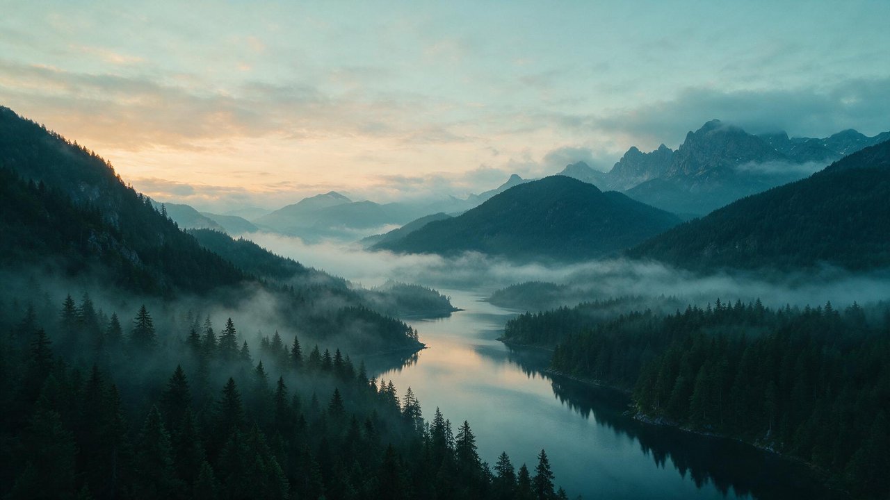 At dawn, a tranquil alpine lake winds through a pine-covered valley, its glassy surface reflecting soft pastel sunrise tones while low-hanging mist drifts between dark, layered mountain ridges, creating an ethereal, calming mood.