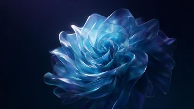 An ethereal, translucent bloom of swirling blue ribbons forms an abstract flower suspended in a dark navy gradient backdrop. The soft glow and smooth curves evoke a calm, futuristic atmosphere.