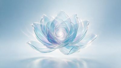 A delicate lotus blossom sculpted from translucent, iridescent glass hovers above a soft, pale blue background, its layered petals spiraling toward a luminous center. The minimalist scene and pastel glints create a calm, meditative mood.