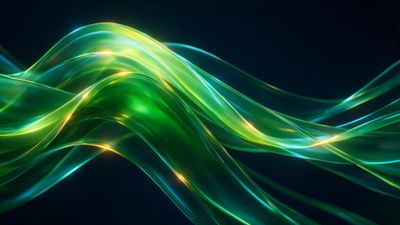 Luminous ribbons of neon green and teal light undulate across a deep midnight background, their translucent waves accented by subtle golden sparks. The fluid, high-resolution abstraction feels both futuristic and soothing, like gentle energy flowing through dark space.