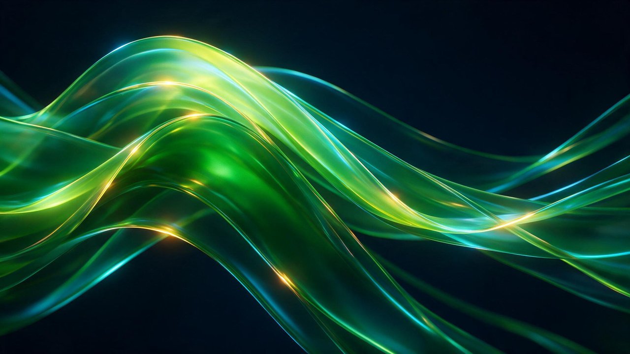 Luminous ribbons of neon green and teal light undulate across a deep midnight background, their translucent waves accented by subtle golden sparks. The fluid, high-resolution abstraction feels both futuristic and soothing, like gentle energy flowing through dark space.