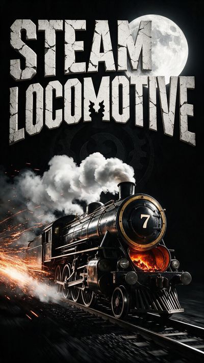 Under a luminous full moon, a vintage black steam locomotive marked with the number 7 hurtles along the tracks, its headlamp shining, firebox glowing, and white steam and fiery sparks trailing behind. The dark, high-contrast scene, framed by oversized cracked lettering spelling “STEAM LOCOMOTIVE,” evokes a dramatic, adventurous night-journey mood.