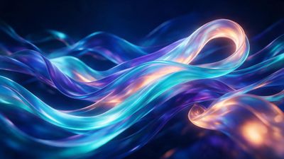 Luminous, translucent ribbons in aqua, violet, and peach twist fluidly across a deep midnight backdrop, their soft neon glow creating a dreamy, weightless motion. The abstract scene feels futuristic and soothing, ideal for a vibrant 4K wallpaper.
