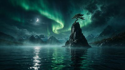 Green auroras ripple across a dark, crescent-moon sky above a jagged, solitary rock spire topped with a lone windswept pine, the formation emerging from a misty, moonlit fjord framed by shadowy, snow-capped mountains for a tranquil yet mysterious nightscape.