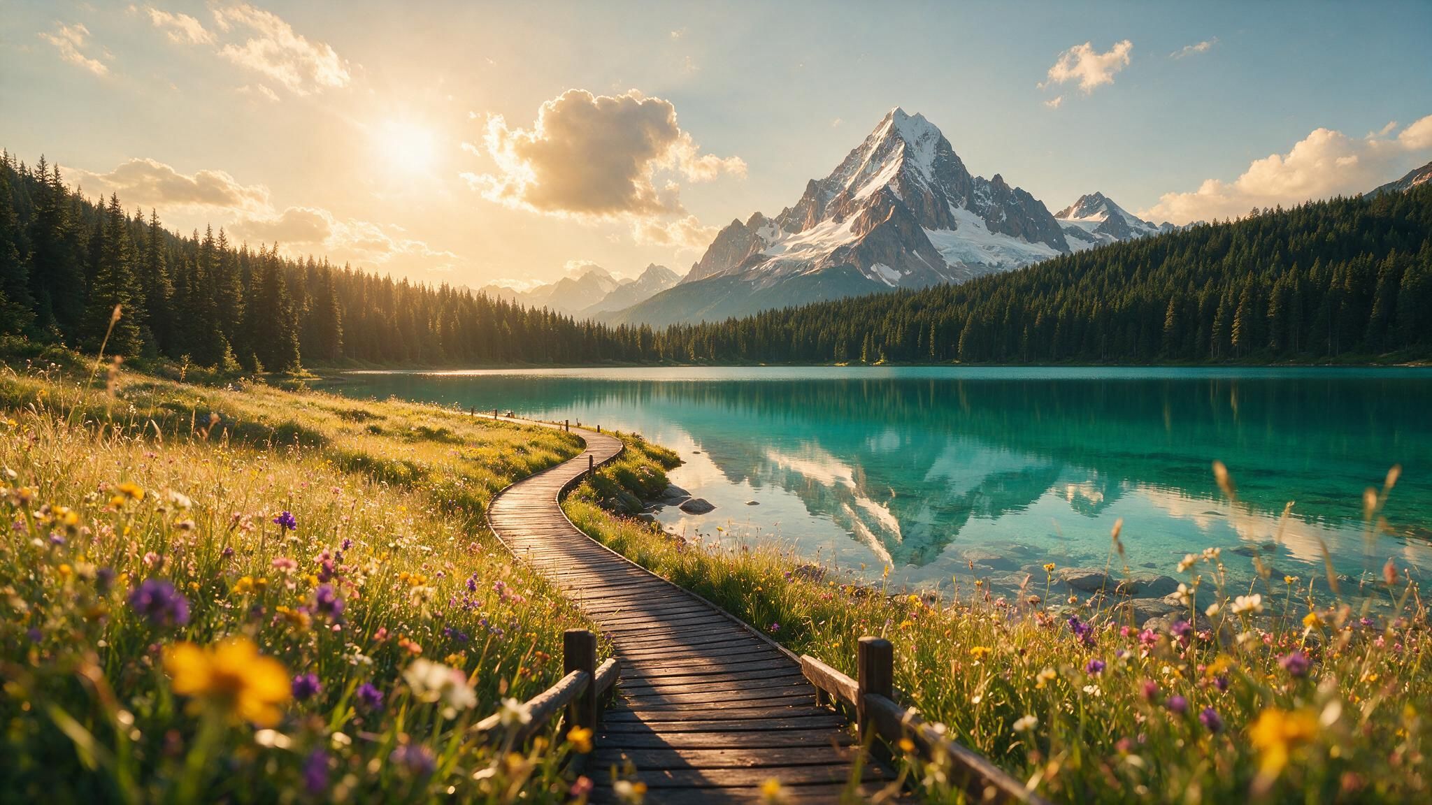 A winding wooden boardwalk snakes through dew-kissed wildflowers beside a turquoise alpine lake, leading the eye to a jagged snow-capped peak mirrored in the glassy water. Warm sunrise light bathes the scene in a serene golden glow, evoking calm and wonder.