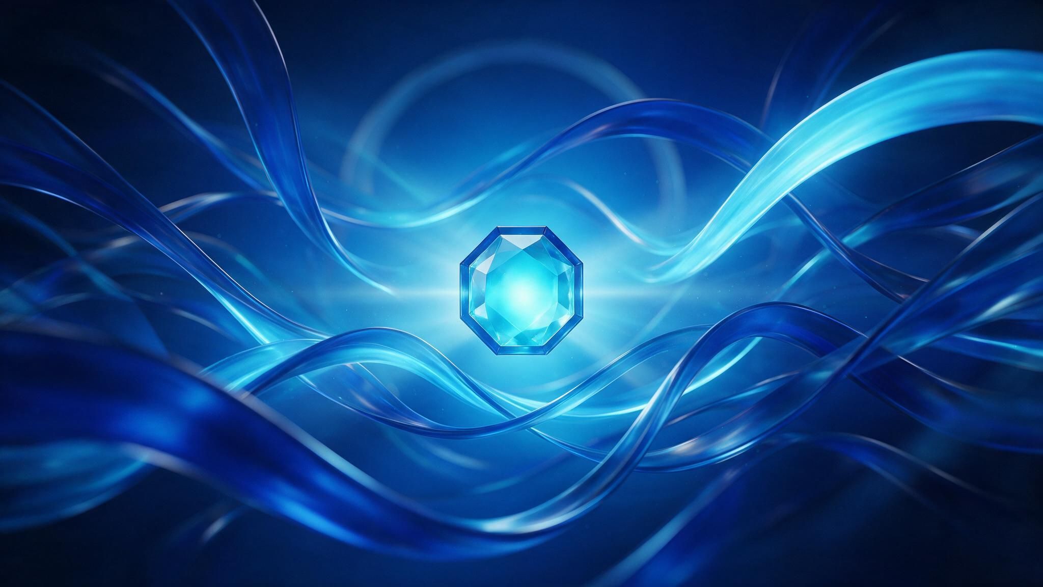 A faceted octagonal blue gem radiates bright cyan light at the center of a dark space, while swirling translucent energy ribbons flow around it like liquid waves, creating a calm yet futuristic atmosphere. The deep blues and soft glow evoke a sense of serenity and high-tech mystique.