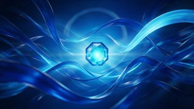 A faceted octagonal blue gem radiates bright cyan light at the center of a dark space, while swirling translucent energy ribbons flow around it like liquid waves, creating a calm yet futuristic atmosphere. The deep blues and soft glow evoke a sense of serenity and high-tech mystique.