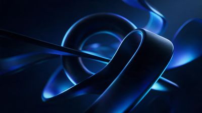 A glossy neon-blue ribbon swoops and coils in soft, fluid loops against a dark midnight backdrop, its luminous edges casting a cool, futuristic glow that feels both sleek and tranquil.