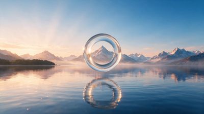 A transparent crystal ring hovers above a still alpine lake at sunrise, perfectly framing a jagged snow-capped peak and shimmering in the golden light. Soft dawn mist and delicate reflections on the water lend a serene, dreamlike mood.