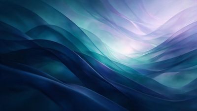 Translucent ribbons of teal, navy, and lavender sweep diagonally across the frame like gentle ocean waves, blending into a soft white glow that creates a calm, ethereal atmosphere.