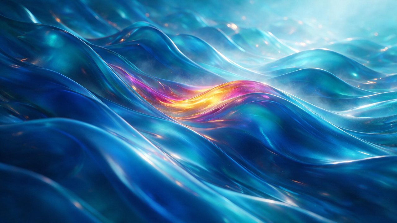 Translucent waves of sapphire liquid ripple like molten glass across the frame, pierced by a glowing streak of gold, magenta and violet that radiates from within. The abstract 4K scene feels tranquil and other-worldly, suggesting a futuristic ocean bathed in ethereal light.