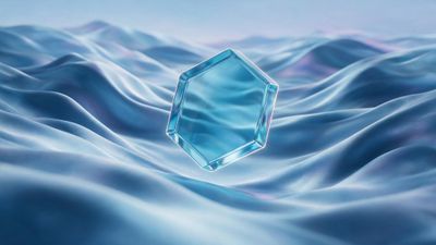 A translucent aqua-blue glass hexagon floats above gently rolling waves that look like luminous silk, its edges catching subtle highlights. The minimalist 4K scene feels serene and futuristic, evoking calm ocean swells under soft, diffuse light.