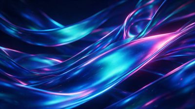 Silky, translucent ribbons glow in shifting neon blues, teals, and magentas as they ripple across a deep midnight backdrop, creating a futuristic, dreamlike atmosphere in crisp 4K detail.