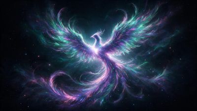 A radiant phoenix formed of swirling neon plumes in teal, violet, and pink spreads its vast wings against a deep star-speckled cosmos, emanating an electric, triumphant sense of rebirth.