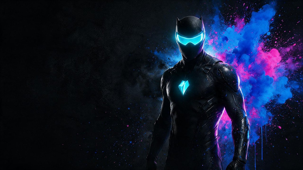 A futuristic hero in a sleek black tech suit stands against a deep black backdrop, his visor and diamond-shaped chest core glowing neon blue while clouds and splashes of electric blue and magenta explode behind him. The stark contrast of vivid neon against darkness creates a dramatic, high-energy, cyber-punk mood.