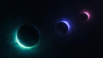 Three crescent-lit planets glow in neon green, blue, and magenta, aligned diagonally across a deep, star-speckled void; the crisp 4K HD artwork creates a serene, otherworldly mood as faint nebulae haze around each orb.