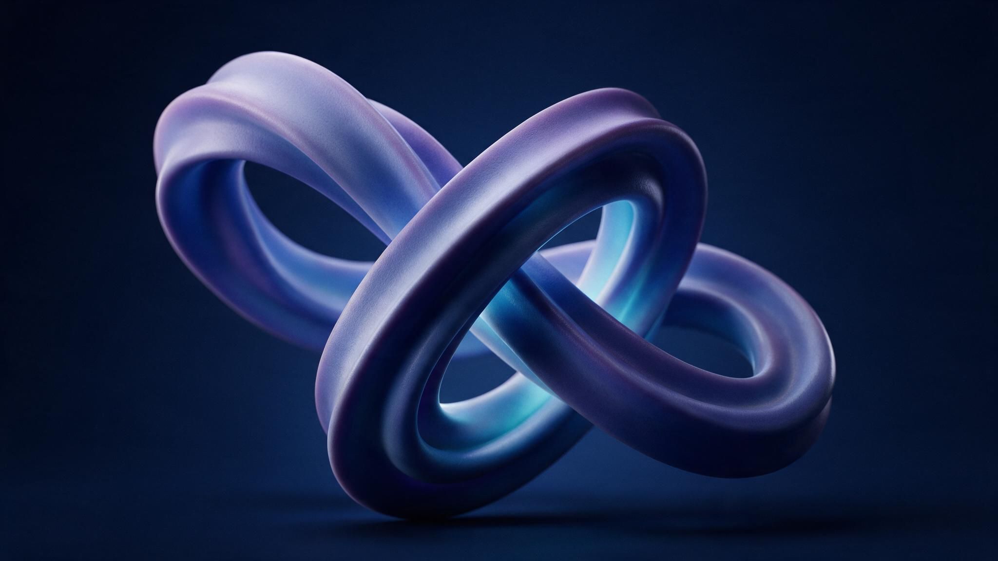 A glossy, ribbon-like infinity loop in luminous shades of purple and indigo hovers against a deep midnight-blue backdrop, its subtle highlights and soft shadows creating a sleek, meditative, futuristic mood in this 4K HD artwork.