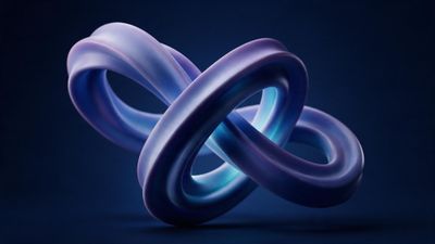A glossy, ribbon-like infinity loop in luminous shades of purple and indigo hovers against a deep midnight-blue backdrop, its subtle highlights and soft shadows creating a sleek, meditative, futuristic mood in this 4K HD artwork.
