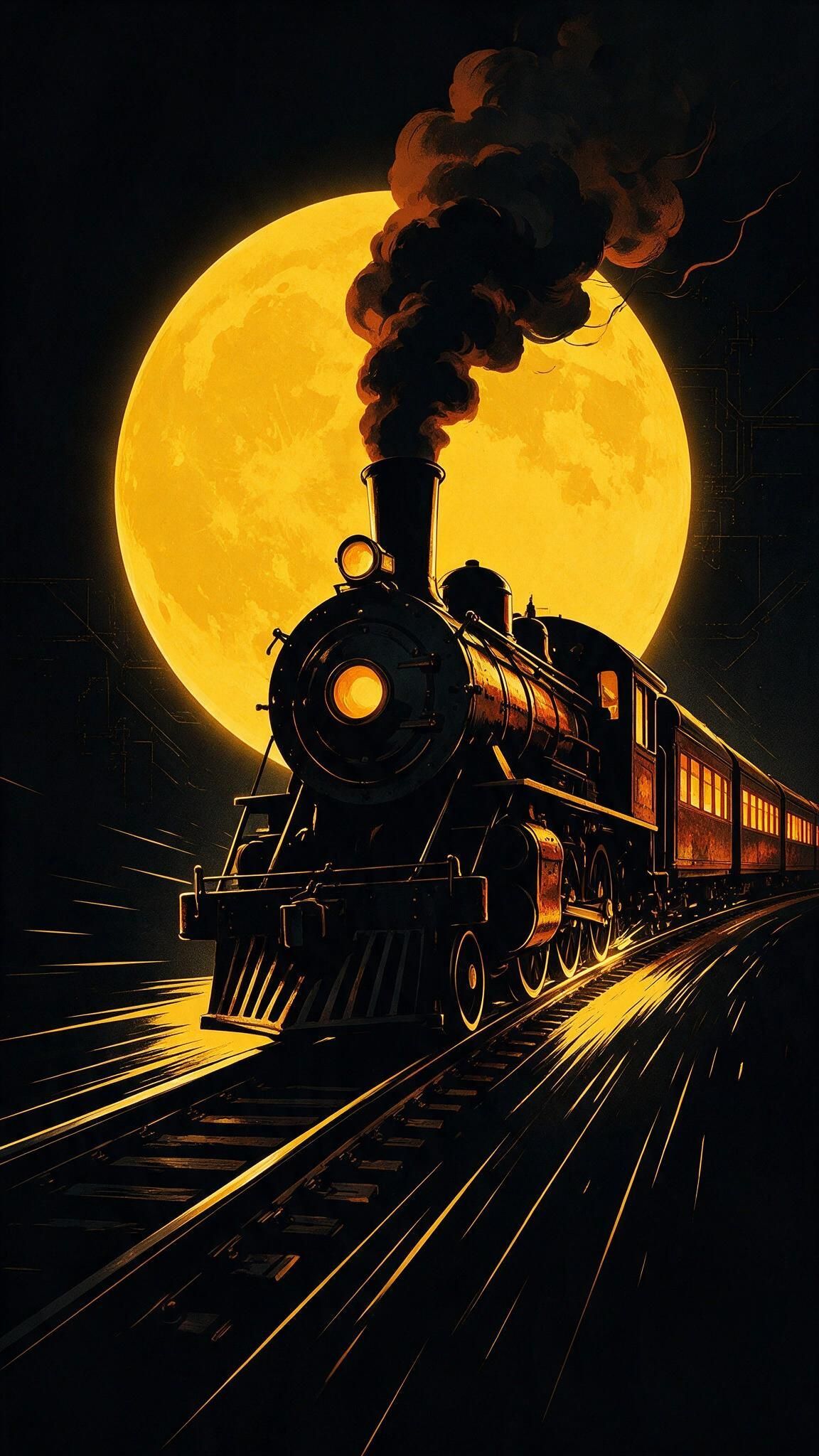 A vintage steam locomotive rumbles down dark tracks under a vast golden full moon, its headlamp and glowing passenger windows illuminating the night. Sparks streak from the rails and smoke billows skyward, evoking a dramatic, nostalgic sense of midnight adventure.