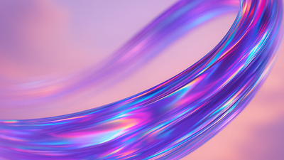 A translucent iridescent ribbon curls across a soft peach-to-lavender gradient backdrop, its surface shimmering with shifting neon violets, cyans, and pinks. The smooth swirl and luminous colors evoke a dreamy, futuristic calm.