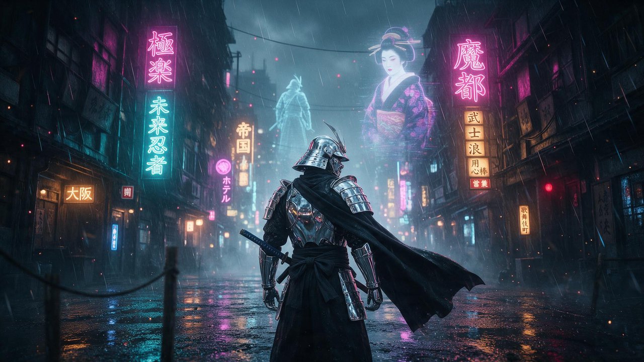 A lone armored samurai faces down a rain-slick, neon-lit alley in a futuristic city, katana at his side amid glowing Japanese signs and holographic figures. The moody night scene blends ancient warrior symbolism with cyberpunk technology, evoking tension and solitude.