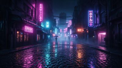 Rain-soaked cobblestone alley in futuristic Tokyo glows with pink, blue, and violet neon signs as shadowy figures with umbrellas walk toward a distant skyline. The misty night scene feels moody and atmospheric, evoking a cyberpunk future.