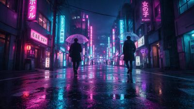 Two people with umbrellas walk down a rain-soaked Tokyo street at night, pink and blue neon signs reflecting across the wet pavement and evoking a moody, futuristic calm.
