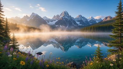 Sunrise casts warm light over a still alpine lake where mist drifts above the water and snow-capped peaks reflect in the glassy surface. Wildflowers and evergreen trees frame the scene, creating a calm, serene mood.