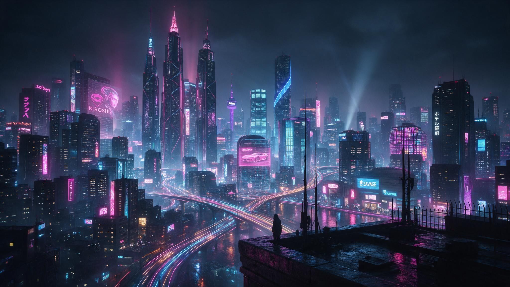 A cyberpunk cityscape at night shows soaring skyscrapers drenched in pink and blue neon and layered digital billboards. Highways snake through the rain-slick streets far below two silhouetted figures on a rooftop, creating a brooding, futuristic mood.