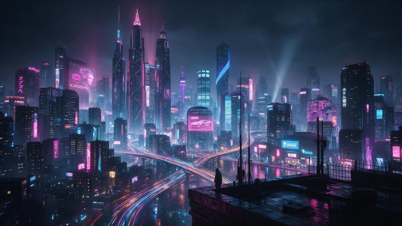 A cyberpunk cityscape at night shows soaring skyscrapers drenched in pink and blue neon and layered digital billboards. Highways snake through the rain-slick streets far below two silhouetted figures on a rooftop, creating a brooding, futuristic mood.