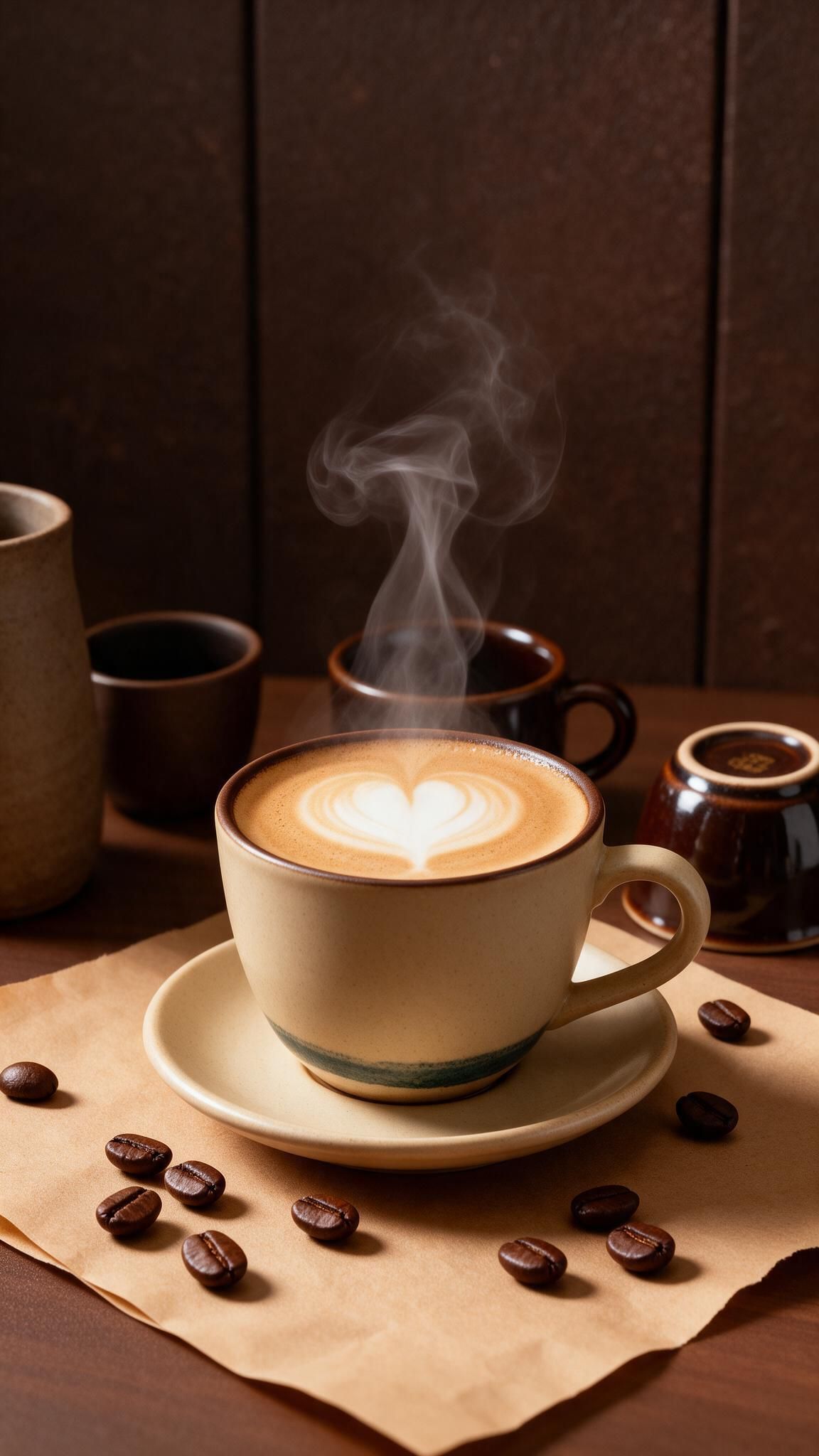 Warm café lighting bathes a steaming cappuccino crowned with heart-shaped latte art, while rustic stoneware mugs and scattered roasted beans rest on parchment and wood, conjuring an intimate, aromatic pause that quietly nods to International Coffee Day.