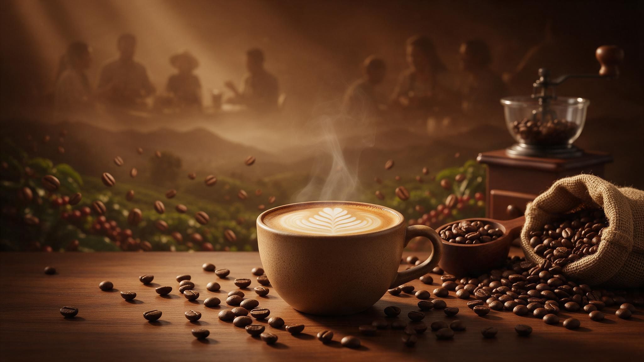 Golden morning light bathes a steaming latte adorned with leaf-shaped art, scattered beans, a burlap sack, and a vintage hand grinder on a wooden table. Behind them, coffee cherries and floating beans blur into misty hillside plantations and soft silhouettes of friends sharing conversation, creating a warm, celebratory nod to International Coffee Day.
