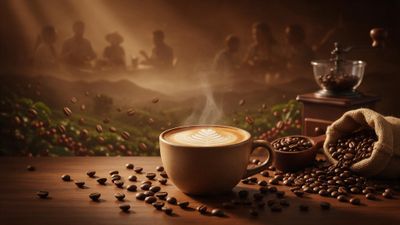 Golden morning light bathes a steaming latte adorned with leaf-shaped art, scattered beans, a burlap sack, and a vintage hand grinder on a wooden table. Behind them, coffee cherries and floating beans blur into misty hillside plantations and soft silhouettes of friends sharing conversation, creating a warm, celebratory nod to International Coffee Day.