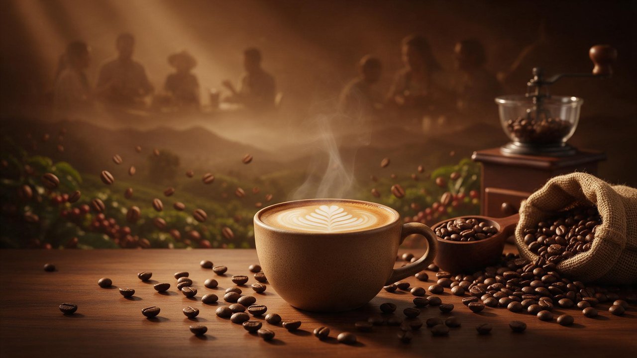Golden morning light bathes a steaming latte adorned with leaf-shaped art, scattered beans, a burlap sack, and a vintage hand grinder on a wooden table. Behind them, coffee cherries and floating beans blur into misty hillside plantations and soft silhouettes of friends sharing conversation, creating a warm, celebratory nod to International Coffee Day.