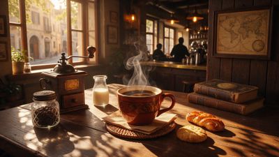 Golden morning light spills through tall café windows onto a weathered wooden table where steam curls from a terracotta mug of black coffee, flanked by a vintage grinder, jar of beans, small bottle of milk, and buttery pastries. The warm, nostalgic scene—anchored by leather-bound books and an antique world map while bar silhouettes linger in the background—quietly toasts International Coffee Day with inviting, aromatic calm.