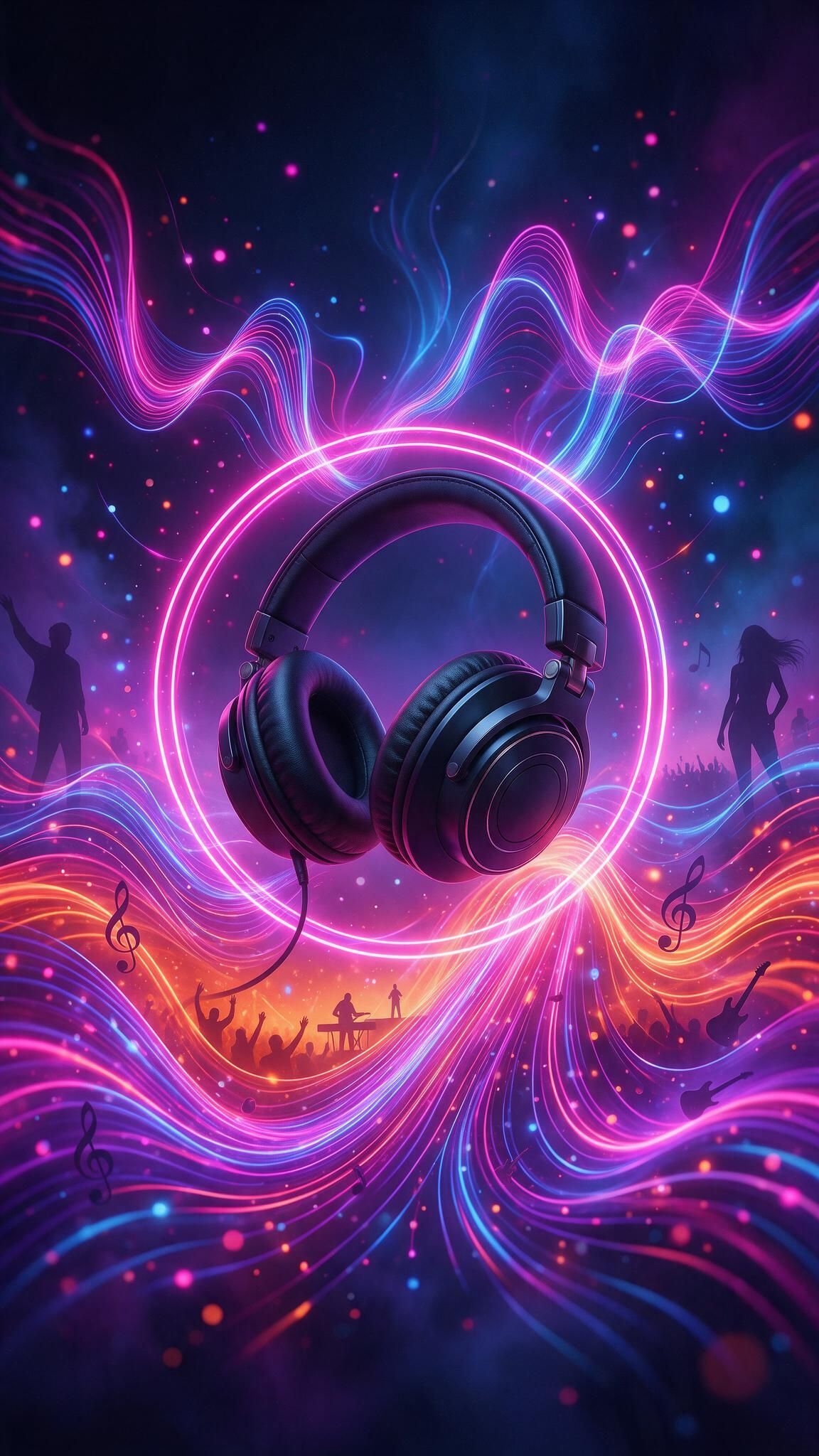 Glow-lit black headphones hover inside a neon ring while magenta, violet, and sapphire soundwaves cascade around silhouetted performers and a cheering crowd, speckled with floating musical notes and guitars. The vibrant lights and swirling motion evoke the global celebration of International Music Day with an electric, night-festival energy.