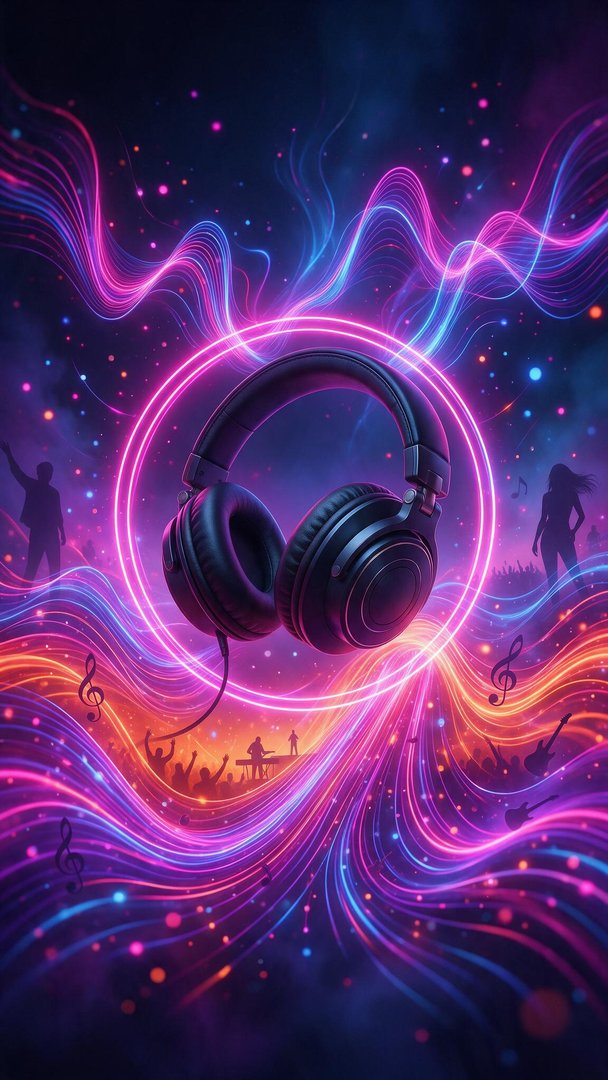 Glow-lit black headphones hover inside a neon ring while magenta, violet, and sapphire soundwaves cascade around silhouetted performers and a cheering crowd, speckled with floating musical notes and guitars. The vibrant lights and swirling motion evoke the global celebration of International Music Day with an electric, night-festival energy.
