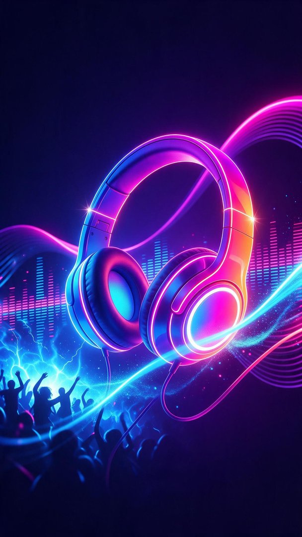 Glowing magenta-and-cyan headphones hover in the upper half of a deep indigo frame, surrounded by sparkling sound waves, equalizer bars, and lightning-blue streaks of energy. A sea of silhouetted concertgoers beneath them throws up raised arms, filling the scene with the ecstatic pulse of a worldwide music celebration marking International Music Day.