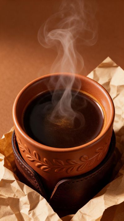 A rustic terracotta cup encased in a leather sleeve rests amid crumpled kraft paper, its dark brew sending delicate, swirling steam into warm amber light. The intimate, aromatic scene invites a quiet toast to International Coffee Day.