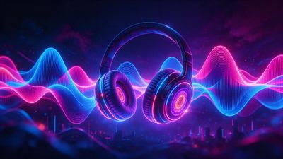 Glowing neon-blue and magenta headphones hover above a silhouetted city skyline, encircled by luminous, undulating sound waves that pulse across a star-flecked violet night. The vibrant futurist palette and radiant energy echo the universal celebration of International Music Day.