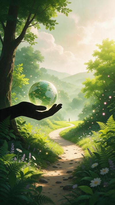 A silhouetted hand cradles a luminous green Earth orb amid drifting gold sparks, while a sunlit forest path winds past wildflowers toward mist-veiled hills and a solitary walker. Soft morning light and layered greens foster a calm, hopeful mood that echoes the reflective spirit of World Mental Health Day.